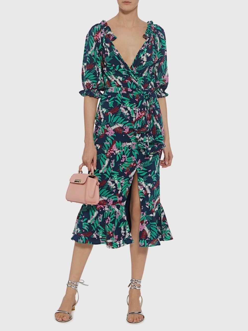 Saloni Olivia Silk Green Botanical Print Slit Midi Dress Size 0